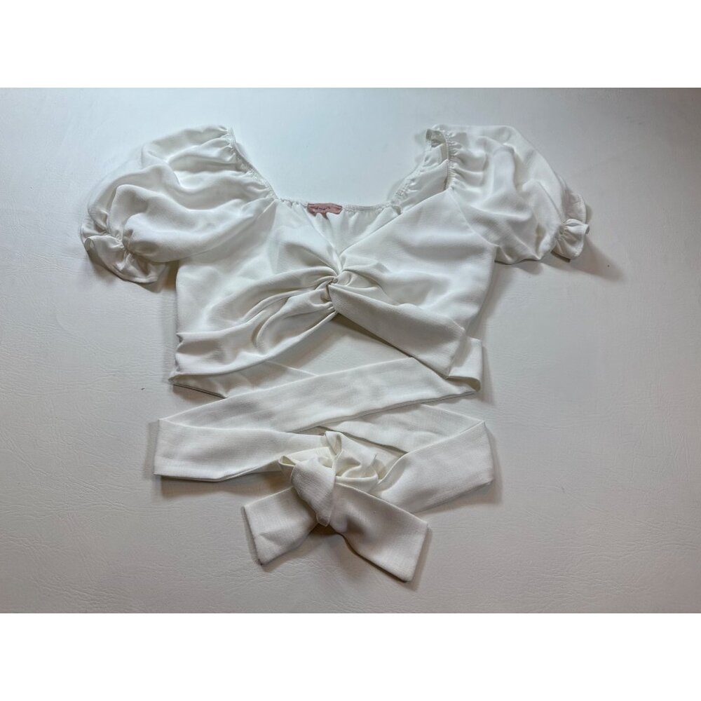 Amable White Puff Sleeve Wrap Top Large Polyester Blouse Tie Waist (bin GG159)
